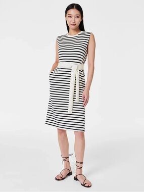 Sleeveless Spanx Black & White Striped Belted Dress with Pockets
